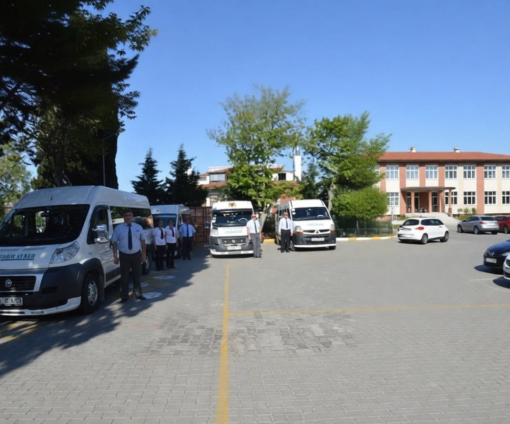 Çakır Ayber öğrenci servis araçları ve sürücü kadrosu okul önünde